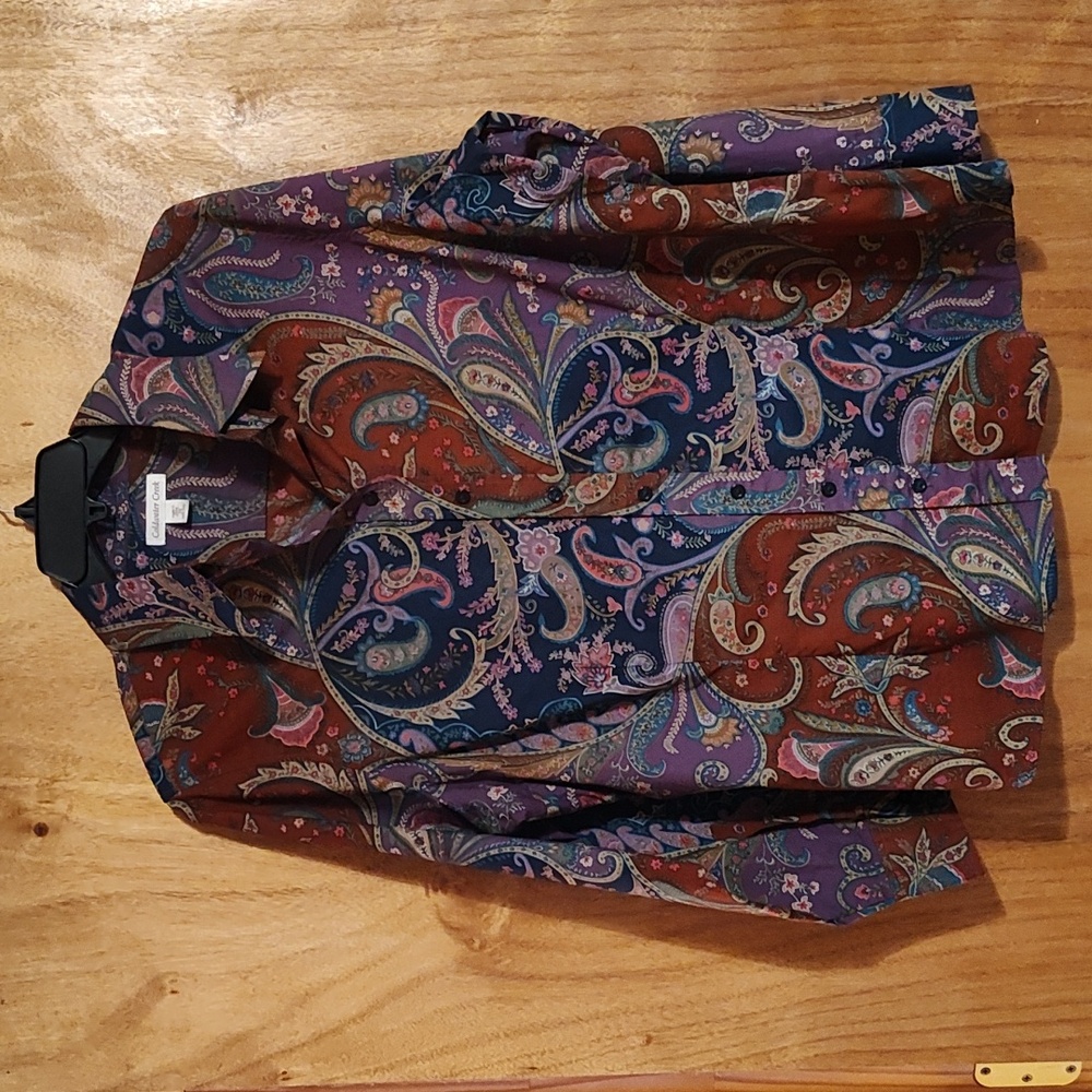 Coldwater Creek Colorful Paisley Cotton Stretch Button-Up Blouse Purple Navy 2X